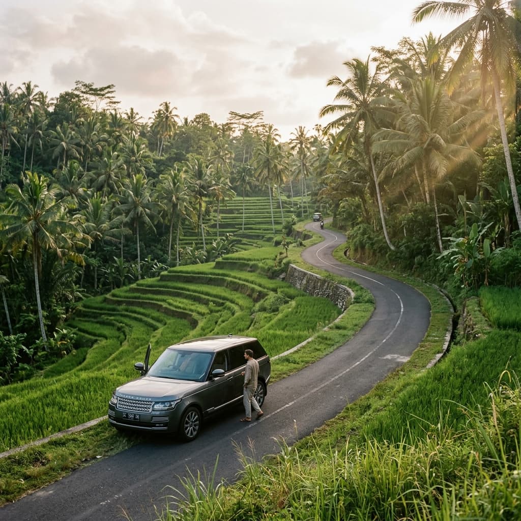 Scenic view of private driver hire car in Bali surrounded by rice terraces